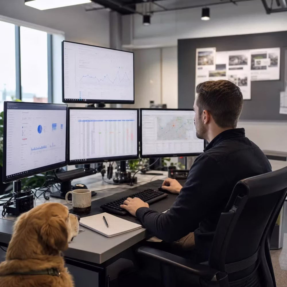 Person reviewing analytics charts and a local map across several monitors